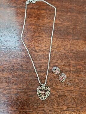 Heart Pendant Necklace and Stud Earrings Set - Silver with Red Accents